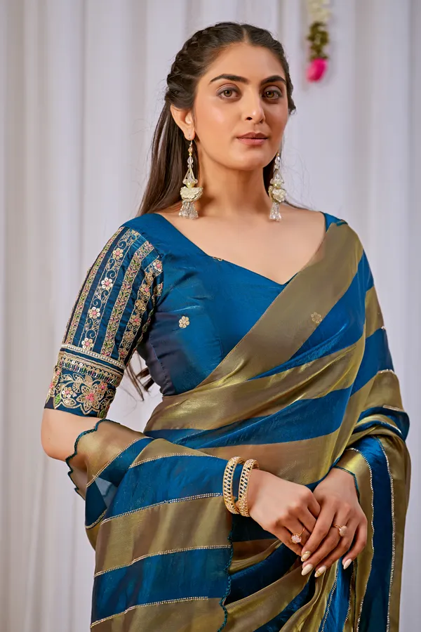 Blue_Gold_Striped_Saree_For_Women