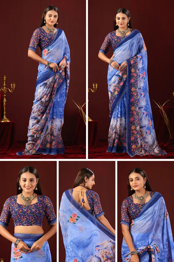 Blue_Georgette_Peacock_Floral_Print_Saree_For_Women