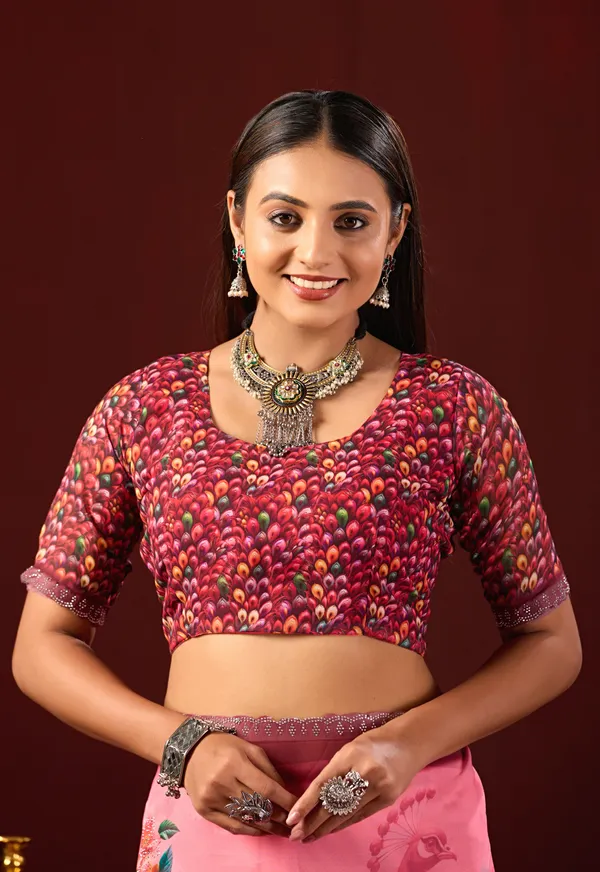 Pink_Georgette_Floral_Peacock_Print_Saree_For_Women