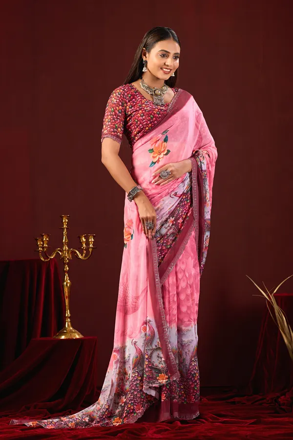 Pink_Georgette_Floral_Peacock_Print_Saree_For_Women