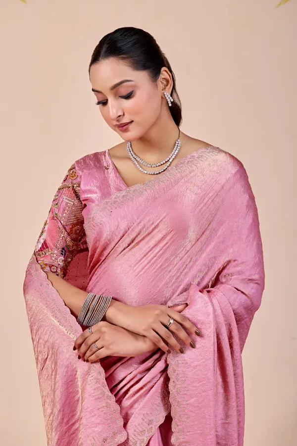Pink_Textured_Saree_With_Embroidered_Blouse_For_Women