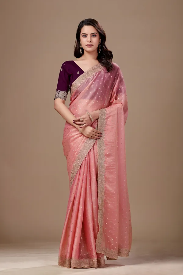 Pink_Chiffon_Dotted_Embellished_Gold_Border_Saree_For_Women