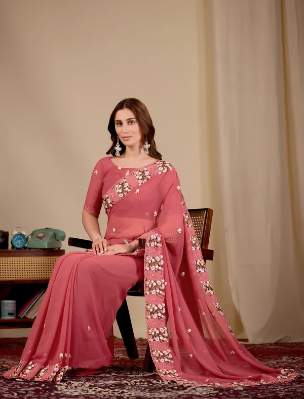Pink_Georgette_Floral_Embellished_Saree_For_Women