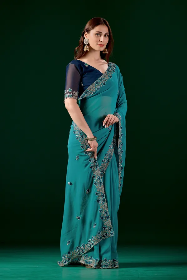 Teal_Embroidered_Saree_With_Blouse_for_Women