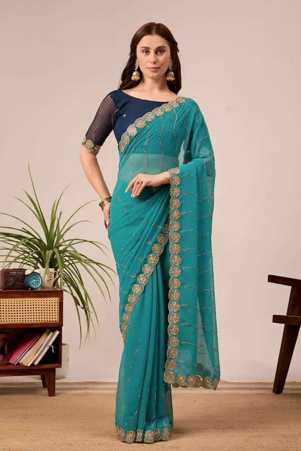 Teal_Georgette_Embellished_Saree_for_Women