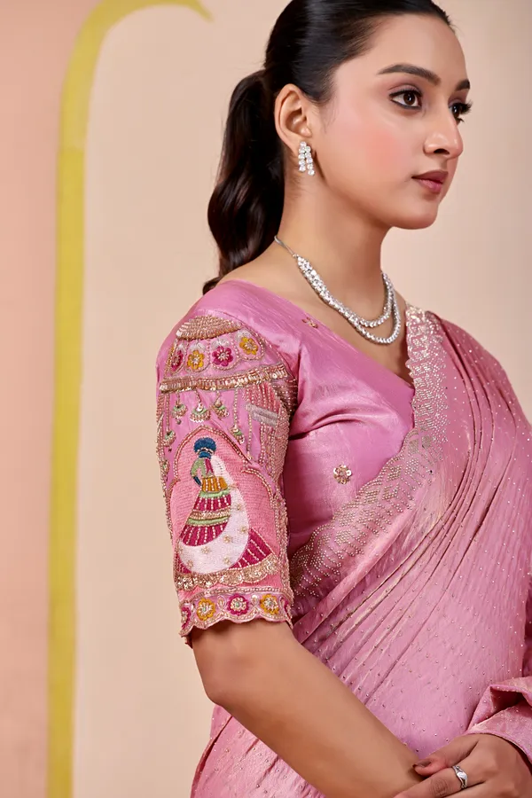 Pink_Textured_Saree_With_Embroidered_Blouse_For_Women
