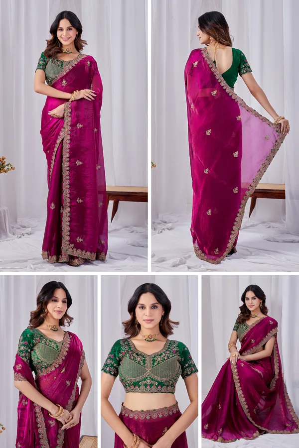 Magenta_Embroidered_Saree_With_Green_Blouse_For_Women