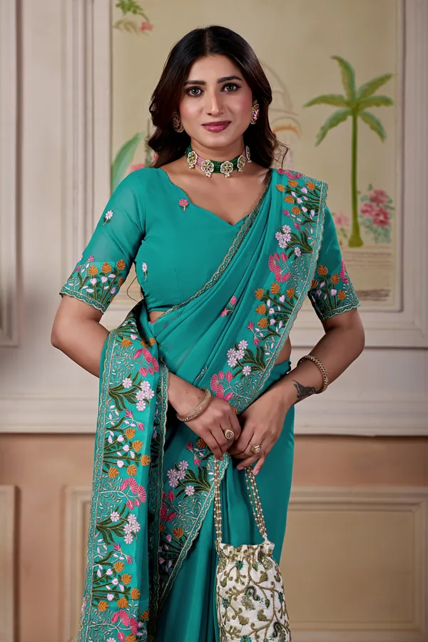 Teal_Floral_Embroidered_Saree_For_Women