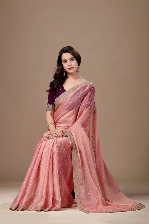 Pink_Chiffon_Dotted_Embellished_Gold_Border_Saree_For_Women