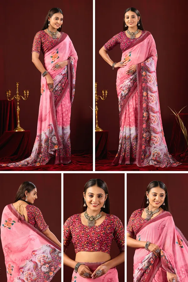 Pink_Georgette_Floral_Peacock_Print_Saree_For_Women