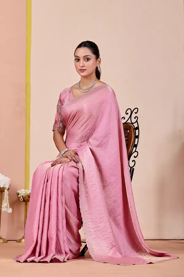 Pink_Textured_Saree_With_Embroidered_Blouse_For_Women