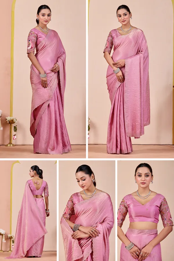 Pink_Textured_Saree_With_Embroidered_Blouse_For_Women
