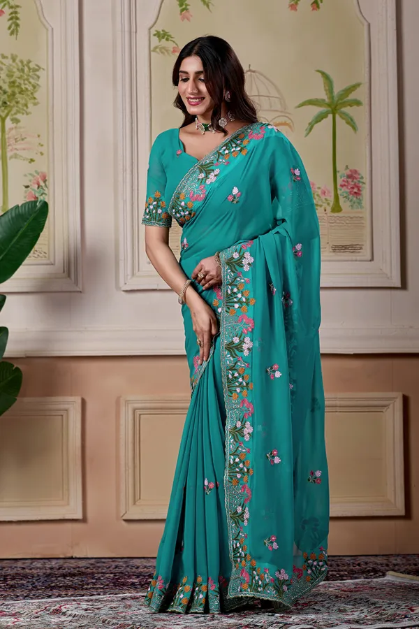 Teal_Floral_Embroidered_Saree_For_Women