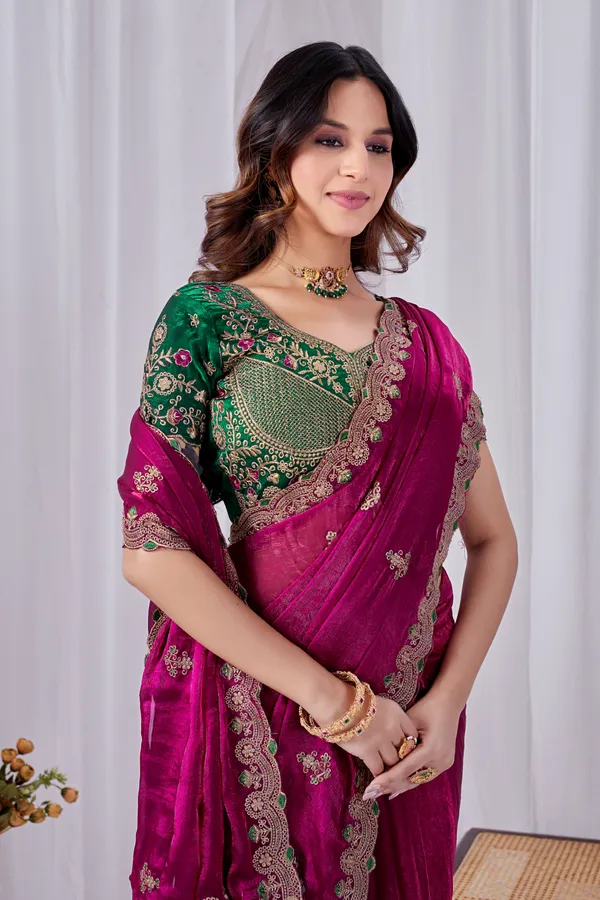 Magenta_Embroidered_Saree_With_Green_Blouse_For_Women
