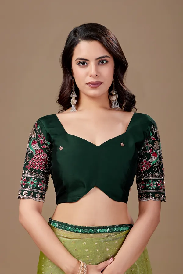 Olive_Sheer_Printed_Saree_With_Embroidered_Blouse_For_Women