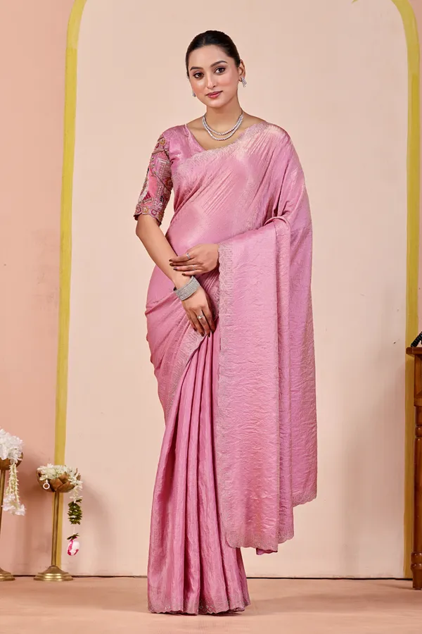 Pink_Textured_Saree_With_Embroidered_Blouse_For_Women