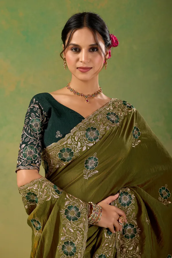Olive_Green_Embroidered_Saree_For_Women