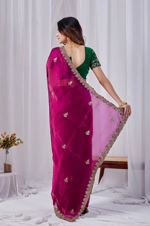 Magenta_Embroidered_Saree_With_Green_Blouse_For_Women