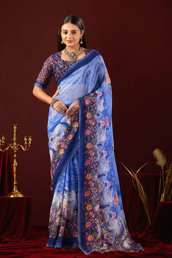 Blue_Georgette_Peacock_Floral_Print_Saree_For_Women