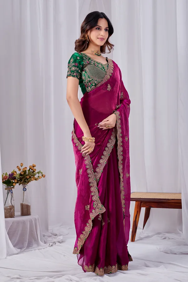 Magenta_Embroidered_Saree_With_Green_Blouse_For_Women