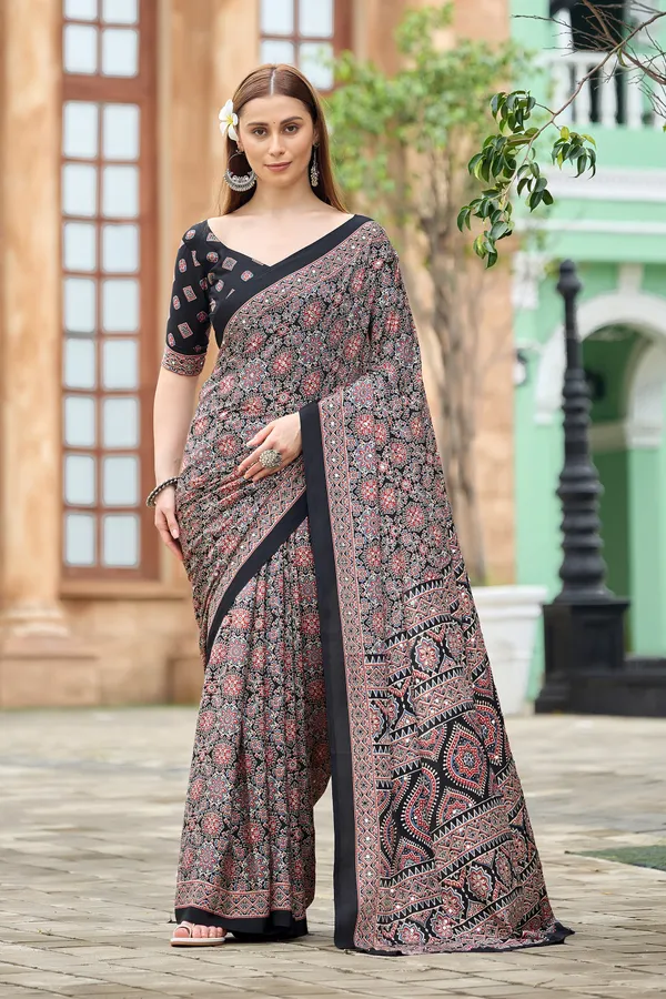 Black_Printed_Saree_With_Blouse_for_Women