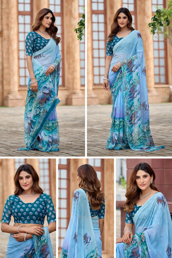 Blue_Floral_Print_Saree_With_Blouse_For_Women