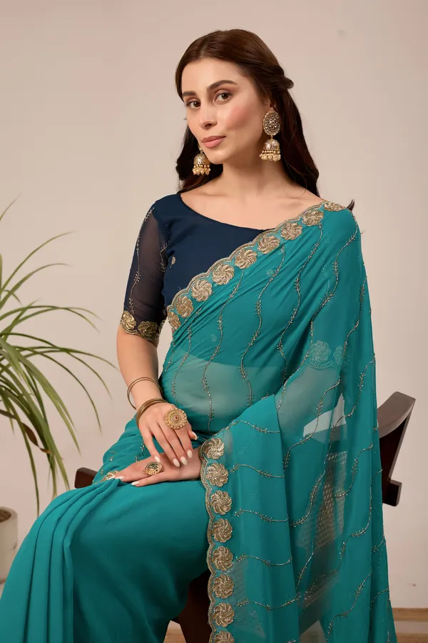 Teal_Georgette_Embellished_Saree_for_Women