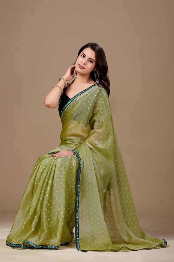 Olive_Sheer_Printed_Saree_With_Embroidered_Blouse_For_Women