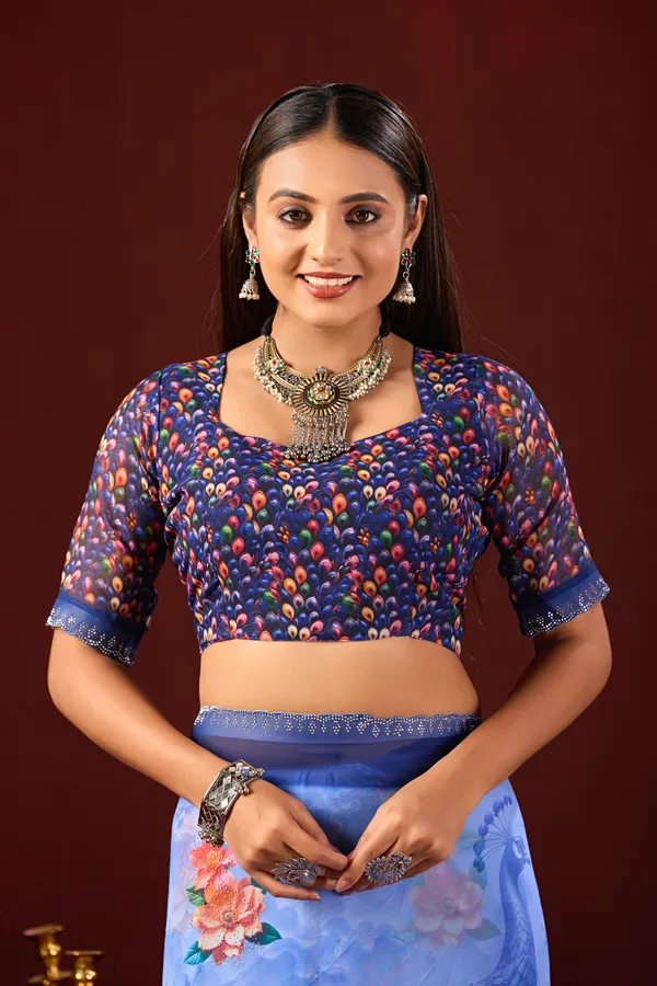 Blue_Georgette_Peacock_Floral_Print_Saree_For_Women
