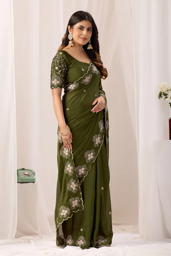 Olive_Green_Embroidered_Saree_For_Women