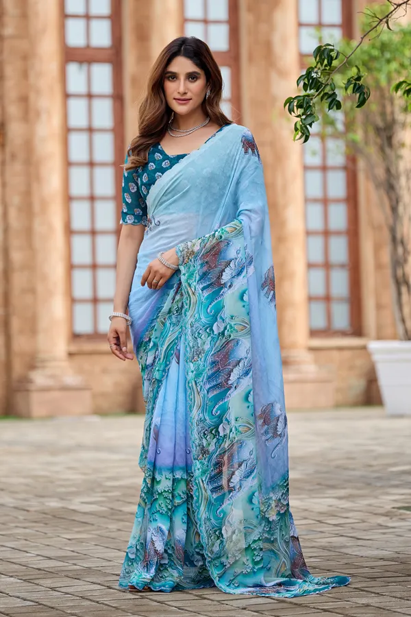 Blue_Floral_Print_Saree_With_Blouse_For_Women
