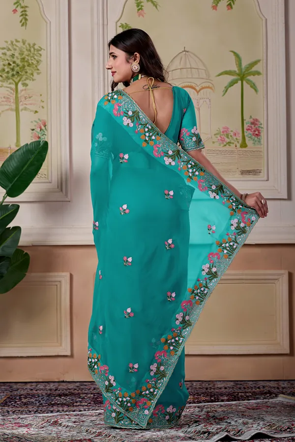 Teal_Floral_Embroidered_Saree_For_Women