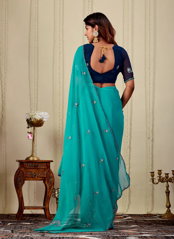 Teal_Embroidered_Saree_With_Blouse_For_Women