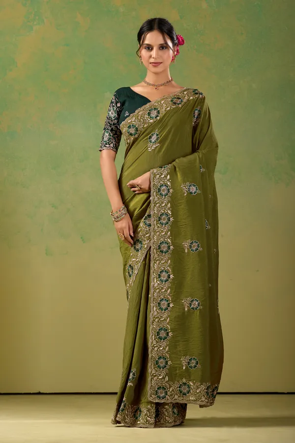 Olive_Green_Embroidered_Saree_For_Women