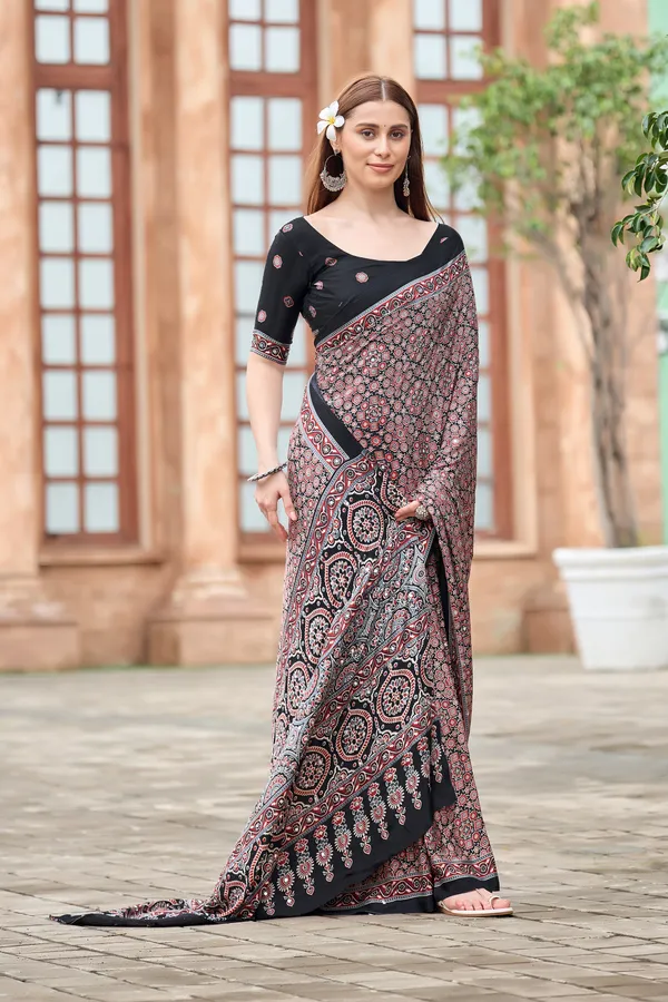 Black_Ajrak_Floral_Geometric_Printed_Saree_For_Women