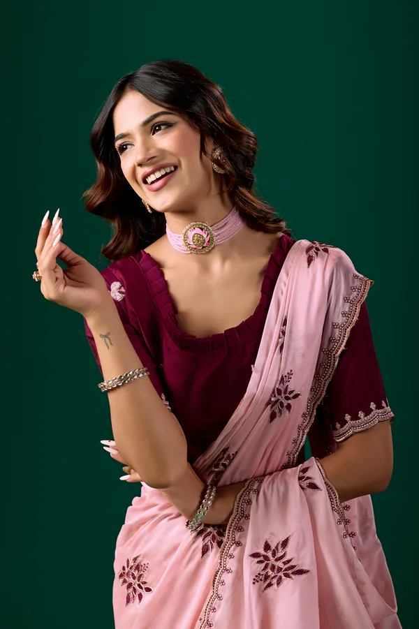 Pink_Floral_Saree_With_Maroon_Blouse_for_Women