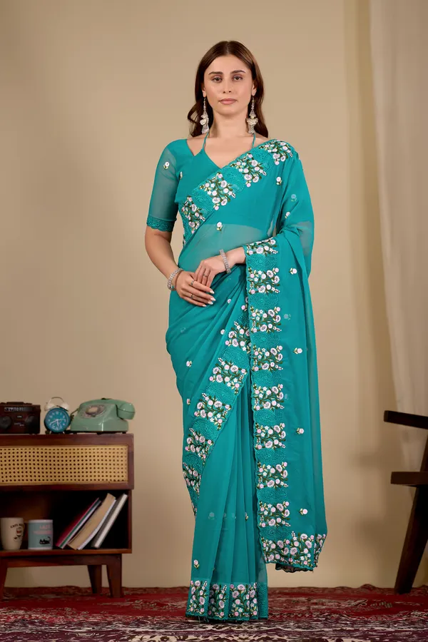 Teal_Georgette_Embroidered_Saree_for_Women