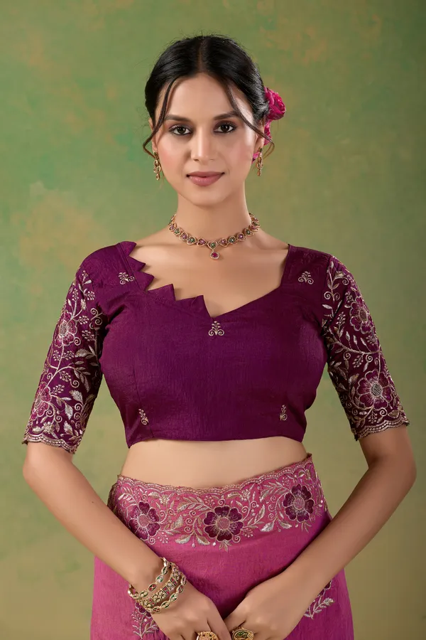 Pink_Embroidered_Saree_With_Wine_Blouse_For_Women