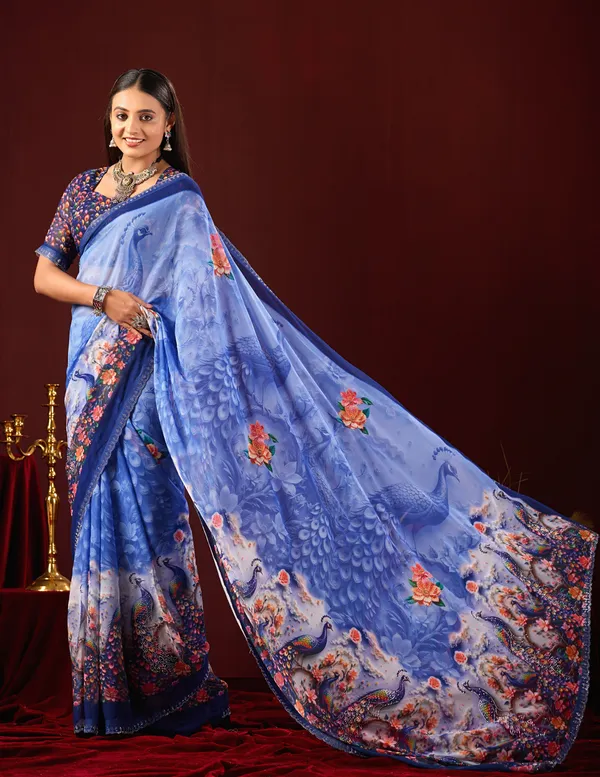 Blue_Georgette_Peacock_Floral_Print_Saree_For_Women