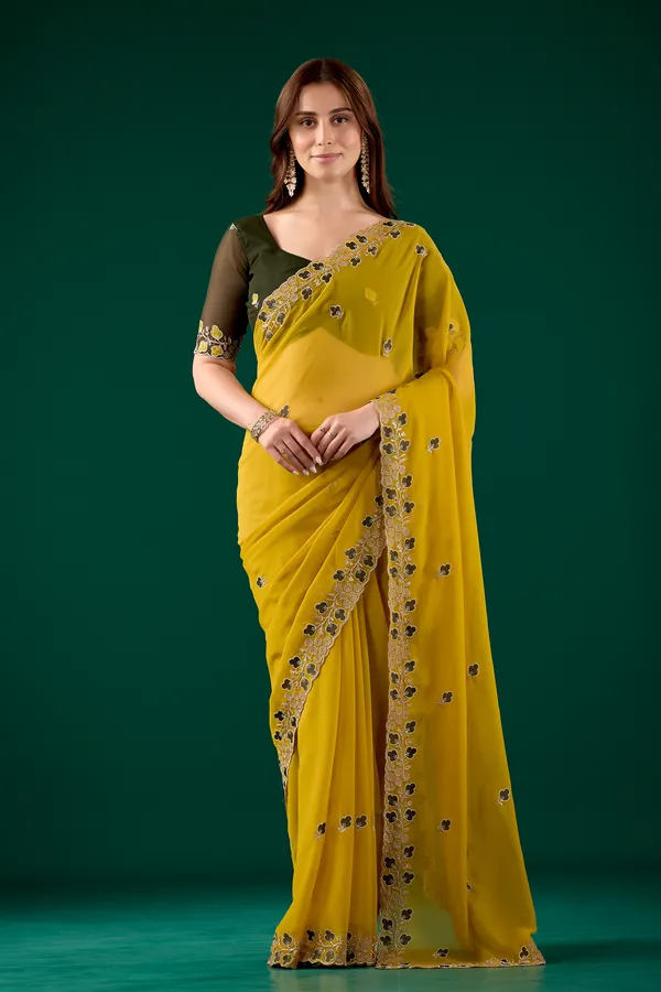 Yellow_Floral_Border_Saree_With_Blouse_For_Women