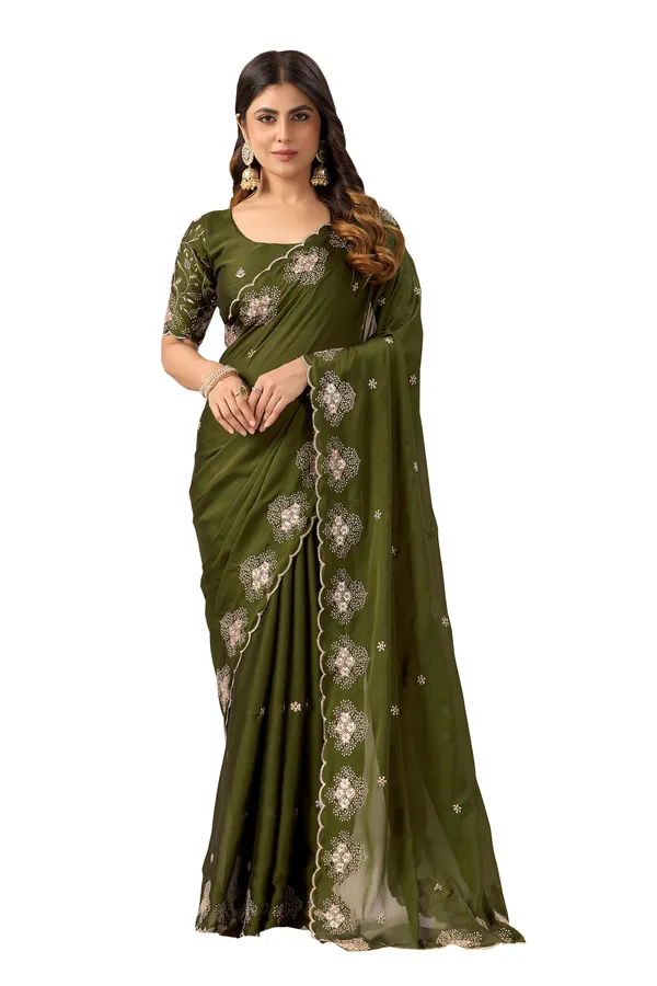 Olive_Green_Embroidered_Saree_For_Women