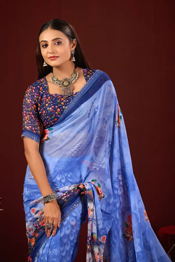 Blue_Georgette_Peacock_Floral_Print_Saree_For_Women