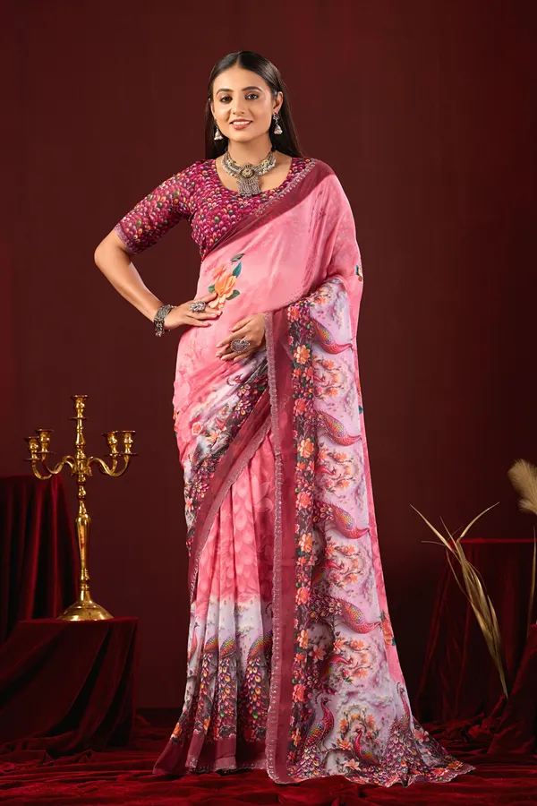 Pink_Georgette_Floral_Peacock_Print_Saree_For_Women