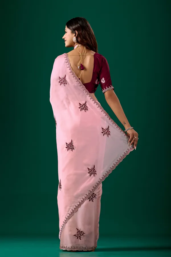 Pink_Floral_Saree_With_Maroon_Blouse_for_Women
