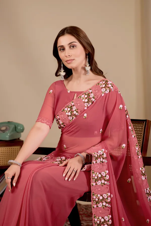 Pink_Georgette_Floral_Embellished_Saree_For_Women