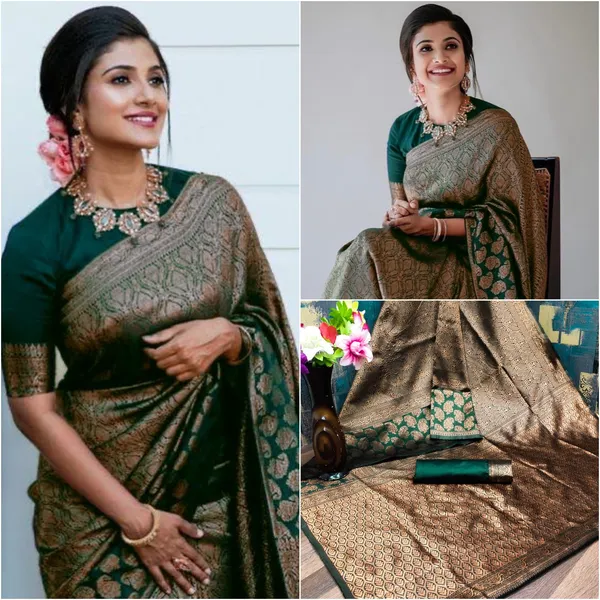 Deep_Green_And_Brown_Jacquard_Premium_Saree_For_Women