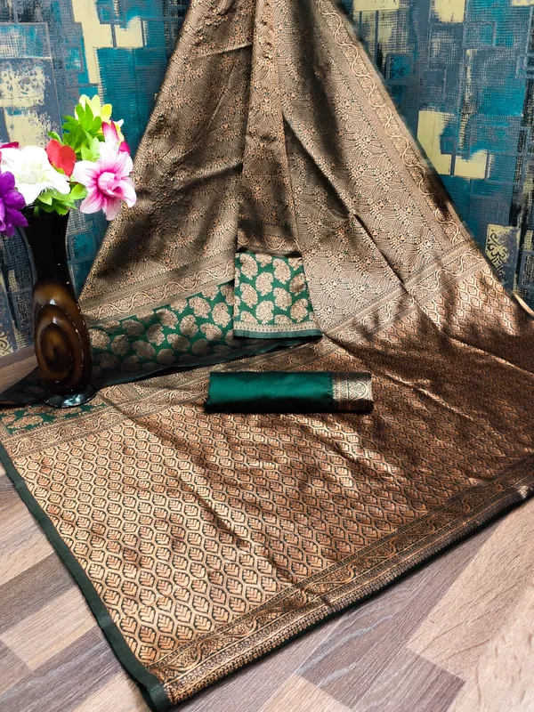 Deep_Green_And_Brown_Jacquard_Premium_Saree_For_Women