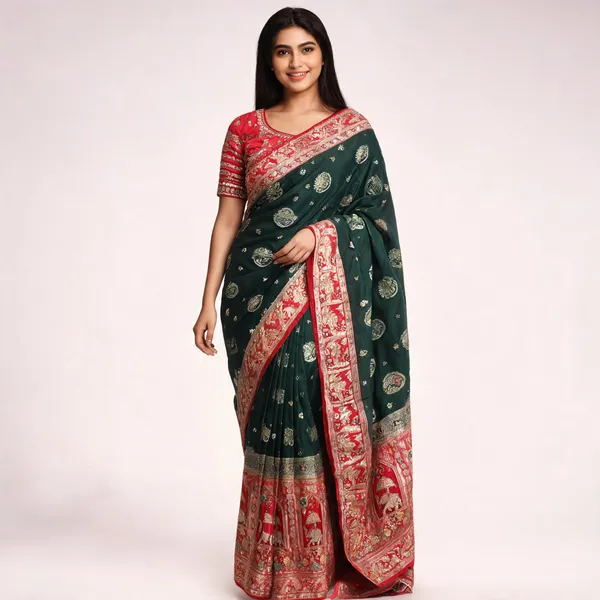 Green_And_Red_Dola_Silk_Saree_For_Women