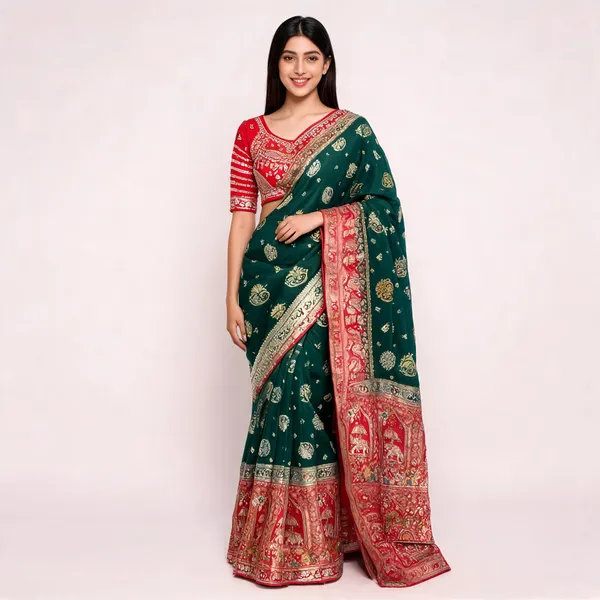 Green_And_Red_Dola_Silk_Saree_For_Women