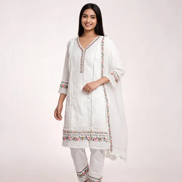 White_Chicankari_Cotton_Kurta_Set_For_Women